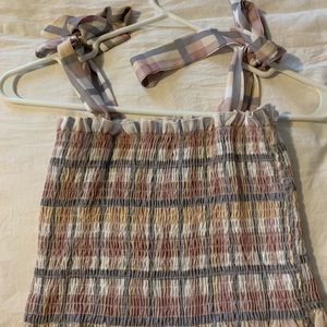 smocked crop top with tie sleeves